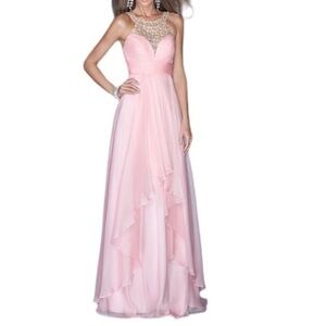 LA FEMME Pink Crystal-High-Neck Chiffon Gown